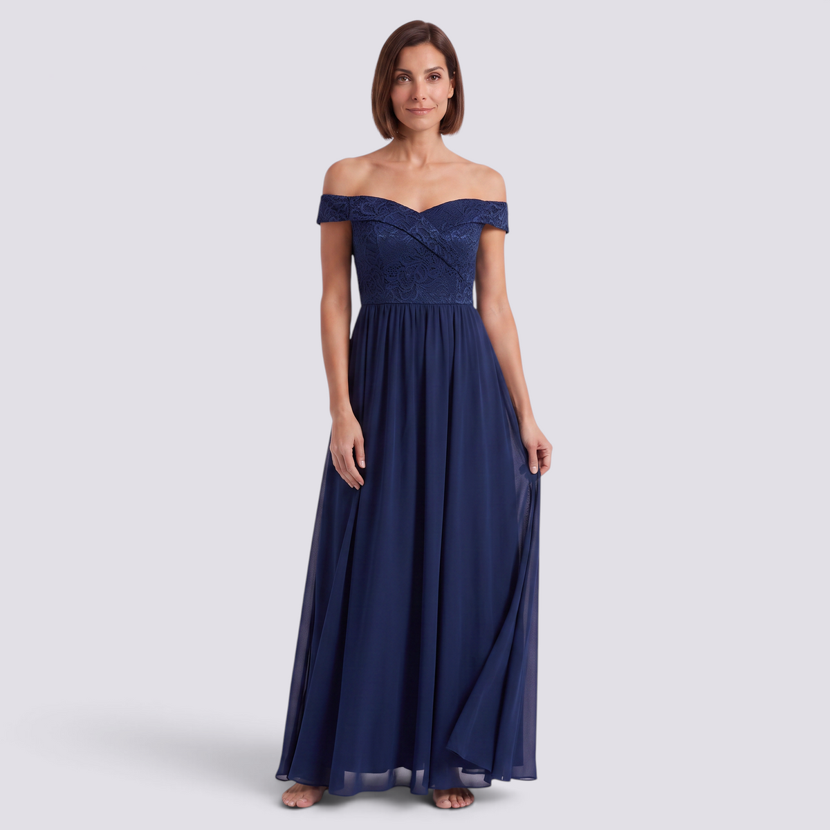 Essyro navy blue floor-length formal gown with an off-the-shoulder bardot neckline and lace bodice