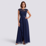 Essyro navy blue A-line maxi dress featuring delicate lace bodice, high waist, and ruffled skirt detail on a model