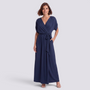 Essyro plus size navy blue floor-length wrap dress with short sleeves and a tie waist on a smiling model