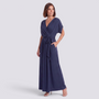 Essyro navy blue plus size maxi dress with a wrap-style bodice, tie waist, and fluid floor-length skirt.