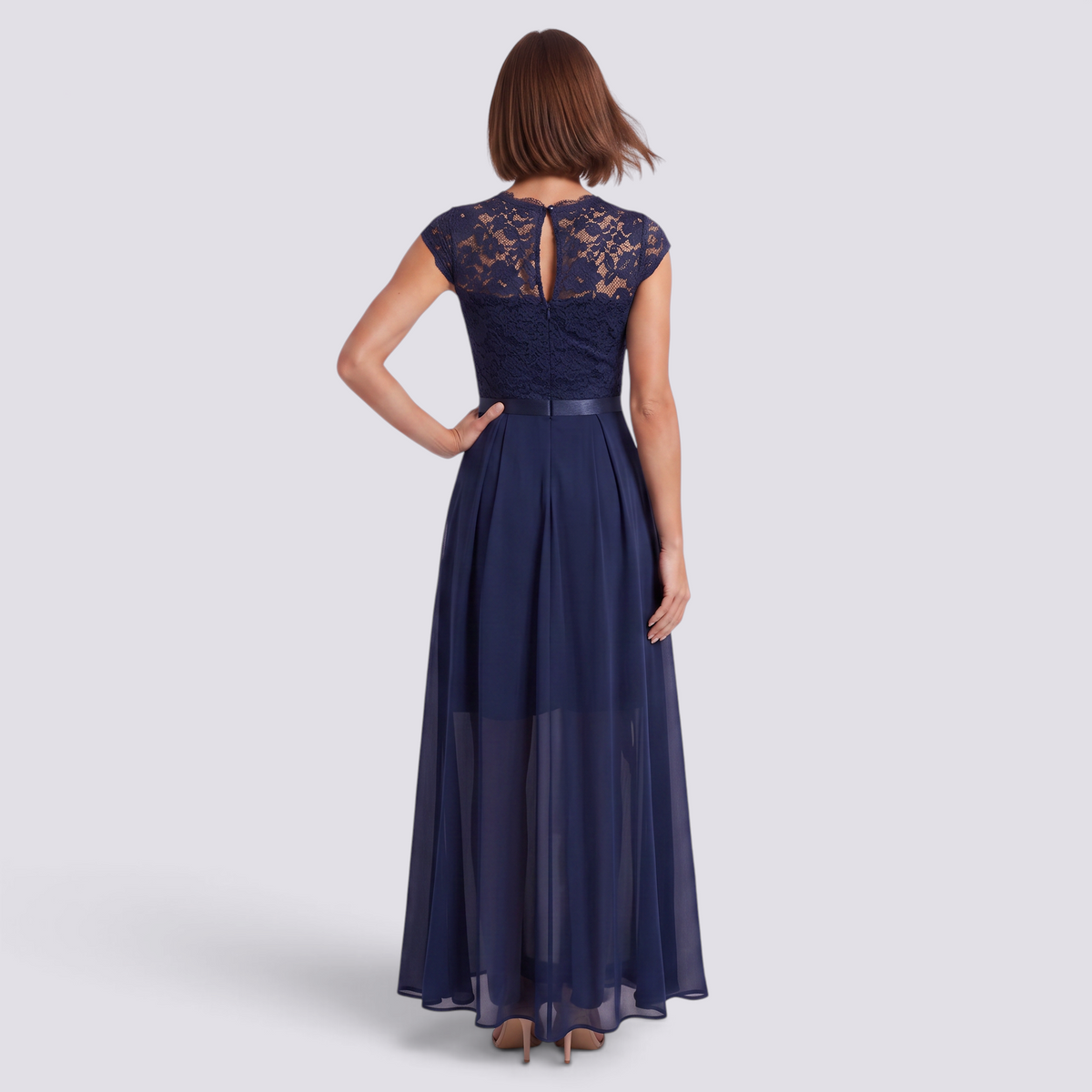 Essyro navy blue lace maxi dress with high waist and A-line skirt, back view on a model