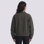 Back view of a woman wearing an Essyro olive green bicolor jacket with a black faux leather collar