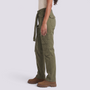 Essyro olive green cargo jeans with a mid-rise waist, straight leg, and functional utility pockets on a model