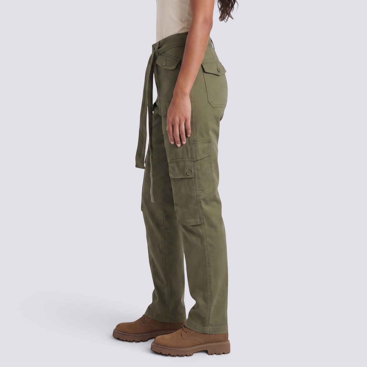 Essyro olive green cargo jeans with a mid-rise waist, straight leg, and functional utility pockets on a model