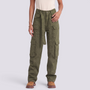 Essyro olive green cargo pants with utility pockets, straight leg fit, and belted waist on a model.