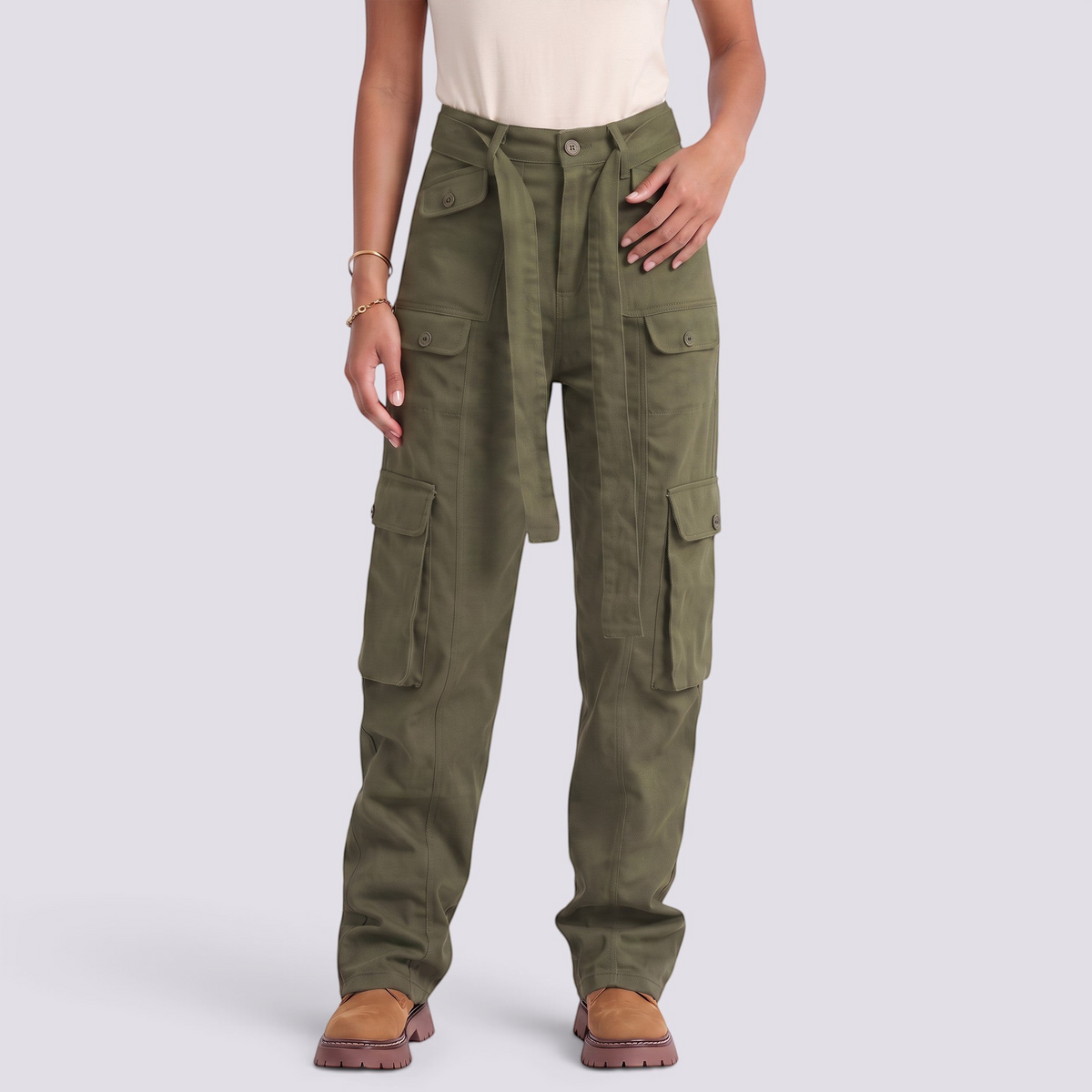 Essyro olive green cargo pants with utility pockets, straight leg fit, and belted waist on a model.
