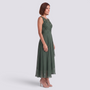 Essyro midi dress in olive green with a V-neck, delicate lace bodice, and flowing skirt on a model in side view.