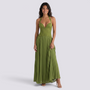 Essyro olive green floor-length pleated gown with a corset bodice, halter neckline, and open back on a smiling model
