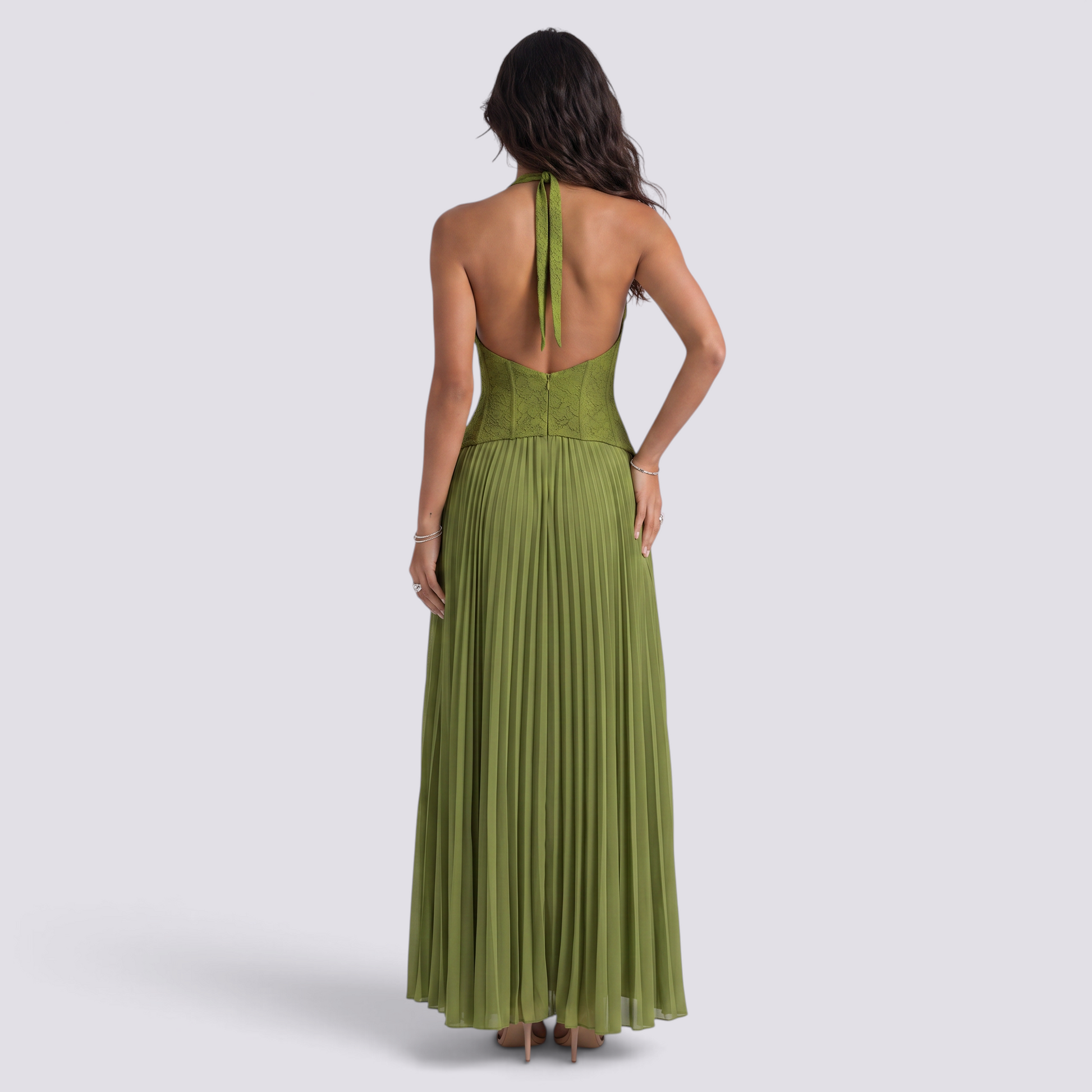 Essyro olive green halter neck maxi dress with a corset bodice and pleated floor-length skirt, back view