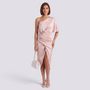 Essyro one-shoulder blush pink satin midi dress with asymmetrical hem and draped waist detail on a female model.