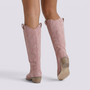 Essyro pink suede western-style boots with delicate embroidery and a comfortable block heel, viewed from behind.