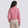 Essyro pink faux leather biker jacket worn by a woman, back view showing tailored fit and lapel collar details.