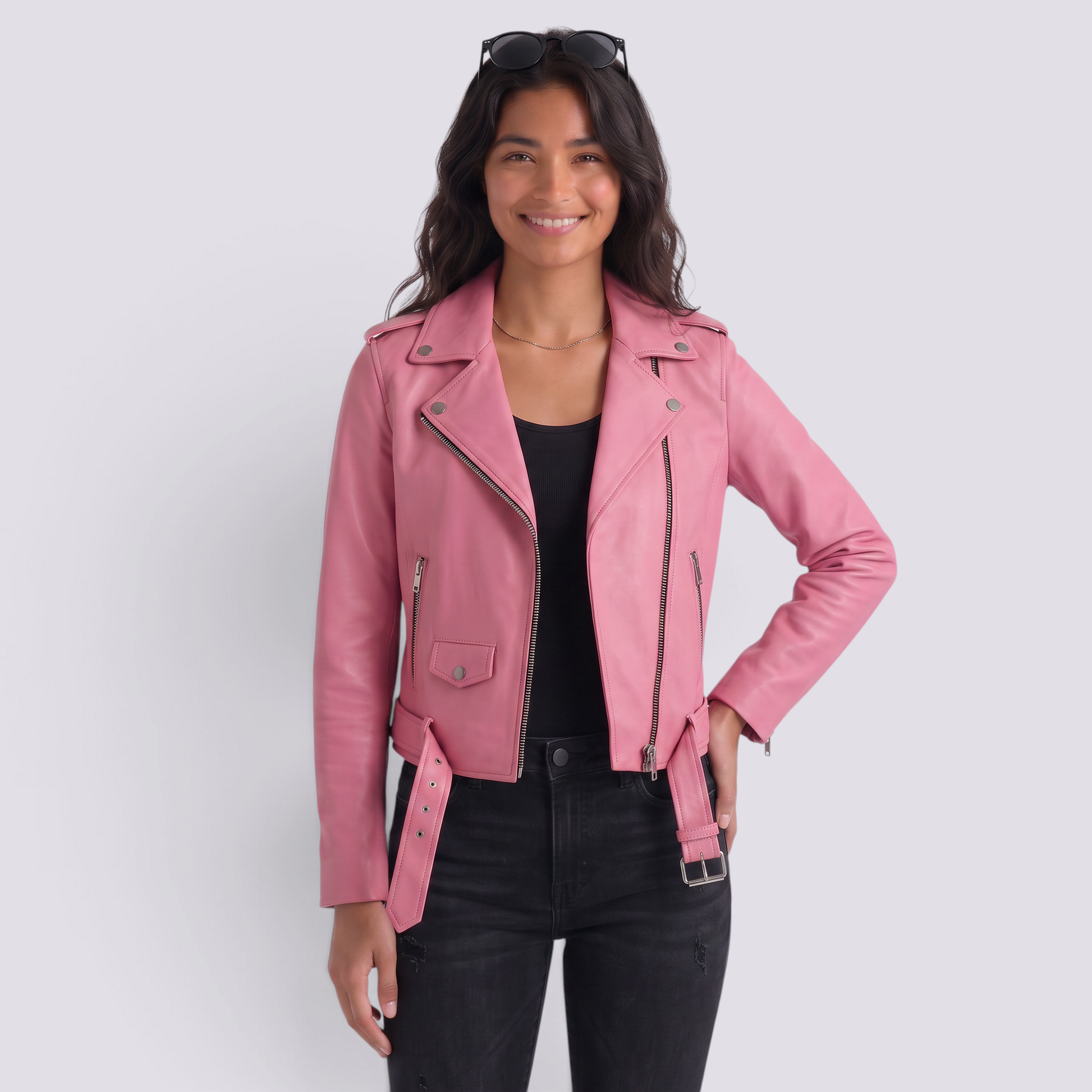 Essyro pink faux leather biker jacket worn by a smiling woman with black jeans and sunglasses on her head