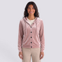 Essyro velvet hooded cardigan in dusty pink with front buttons and drawstring hood worn by a smiling woman