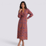 Essyro midi dress in purple with orange artistic print, featuring a V-neck, 3/4 sleeves, and a flattering A-line cut.