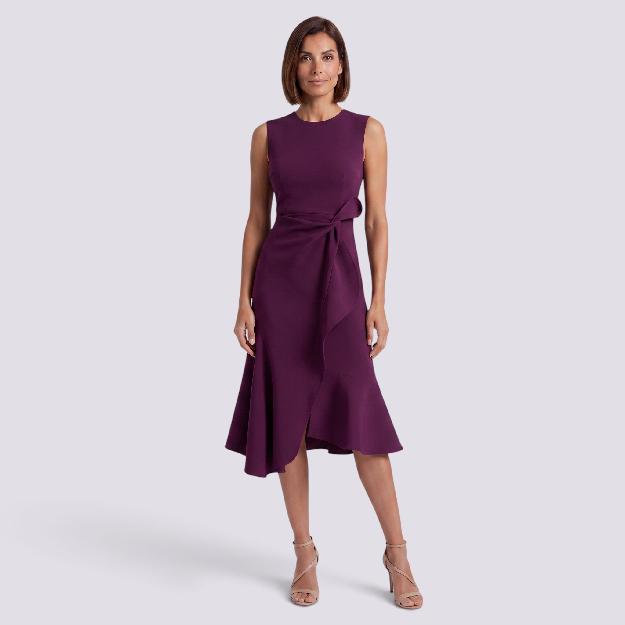 Essyro sleeveless purple midi dress with a round neckline and decorative waist tie on a model