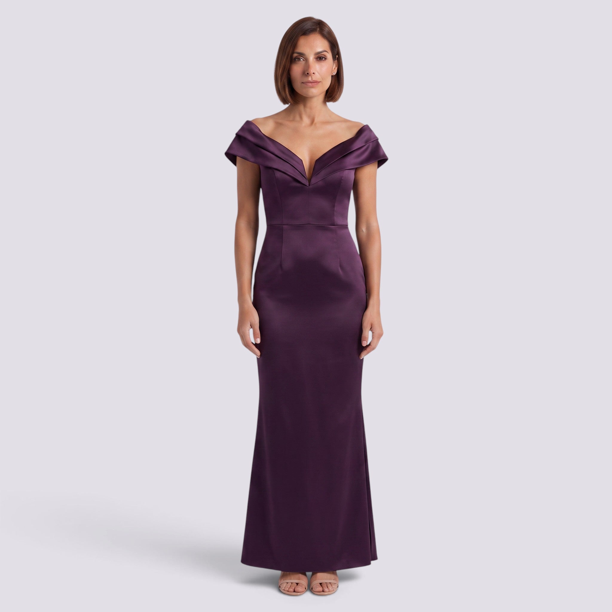 Essyro purple satin mermaid evening dress with off-the-shoulder bardot neckline worn by a model