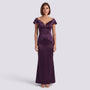 Essyro purple satin mermaid evening dress with off-the-shoulder bardot neckline worn by a model