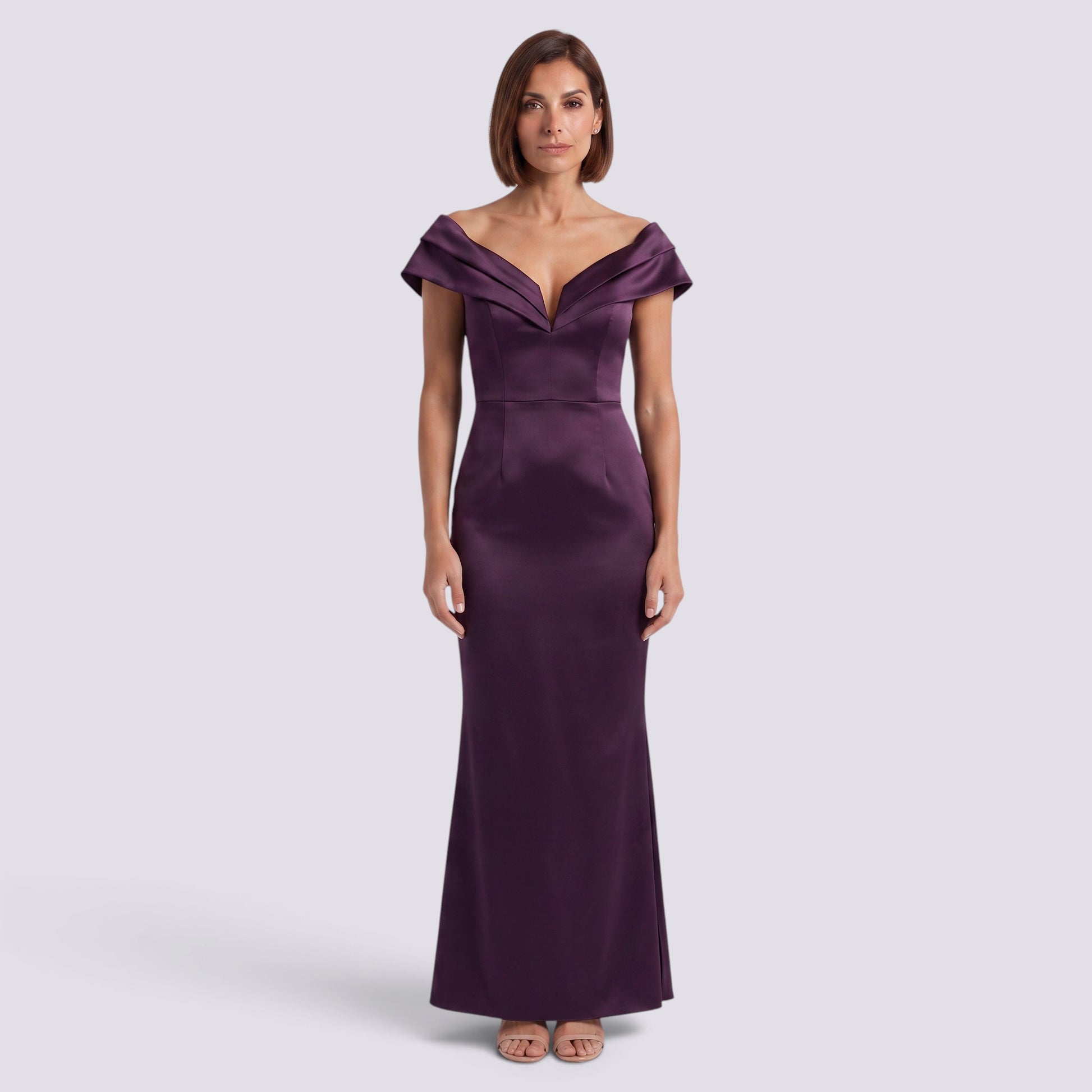 Essyro purple satin mermaid evening dress with off-the-shoulder bardot neckline worn by a model