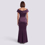 Essyro purple satin mermaid evening gown with bardot neckline, back view on a model