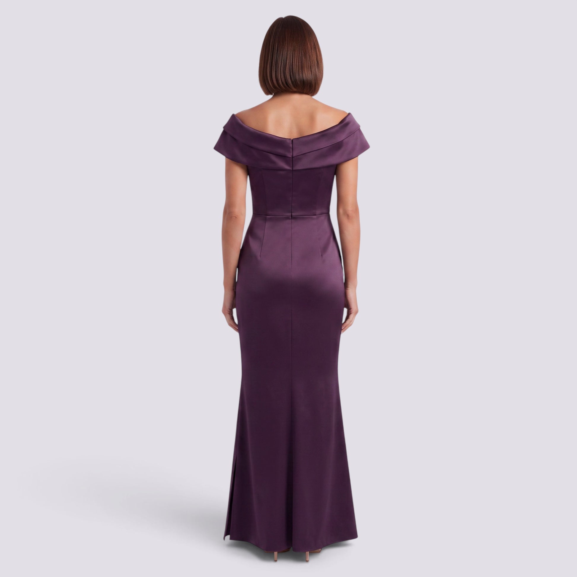Essyro purple satin mermaid evening gown with bardot neckline, back view on a model