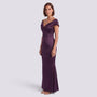 Essyro purple satin mermaid evening gown with an off-the-shoulder bardot neckline and side slit on a model
