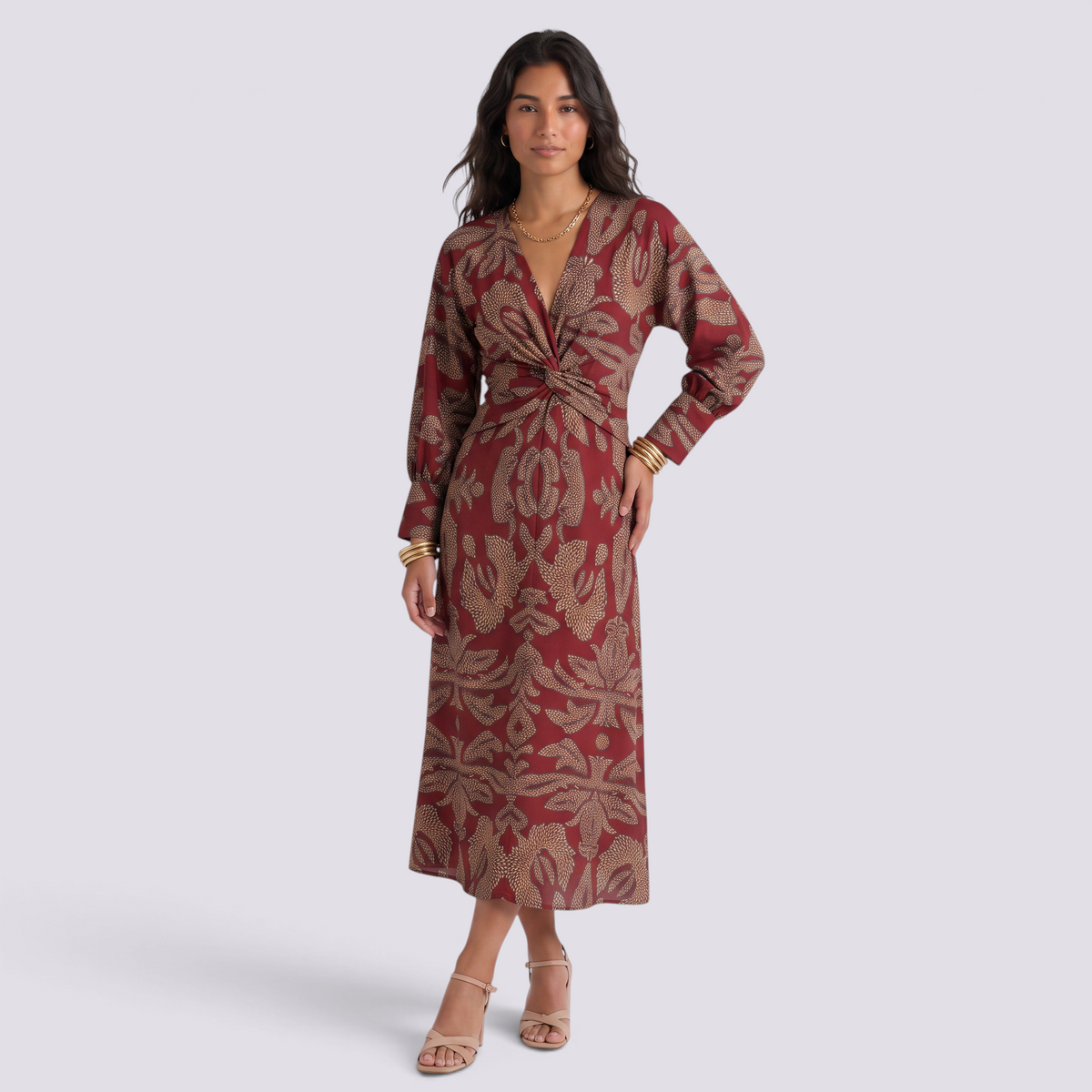 Essyro midi A-line dress in deep red with artistic beige print, featuring a V-neck, 3/4 sleeves, and waist knot.