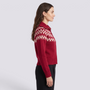 Essyro red zip-up cardigan with high ribbed collar and white Nordic jacquard pattern on shoulders and chest