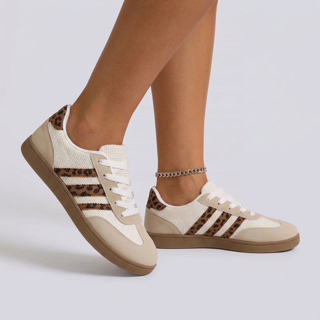 Essyro retro low-top sneakers in cream mesh and suede with leopard print side stripes and a flat rubber sole