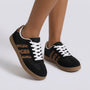 Essyro women's retro low-top sneakers in black with leopard print side stripes, suede panels, and gum rubber soles.