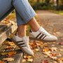 Essyro retro low-top sneakers in beige with leopard print stripes, suede panels, and breathable textured fabric