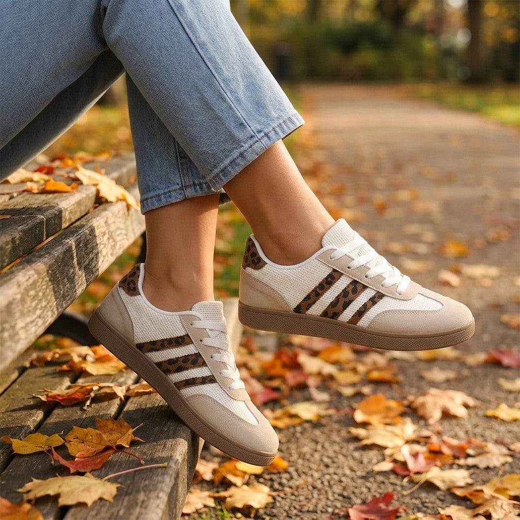 Essyro retro low-top sneakers in beige with leopard print stripes, suede panels, and breathable textured fabric