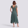 Essyro sage green midi dress with lace back detail and flowing skirt, worn by a woman from behind.