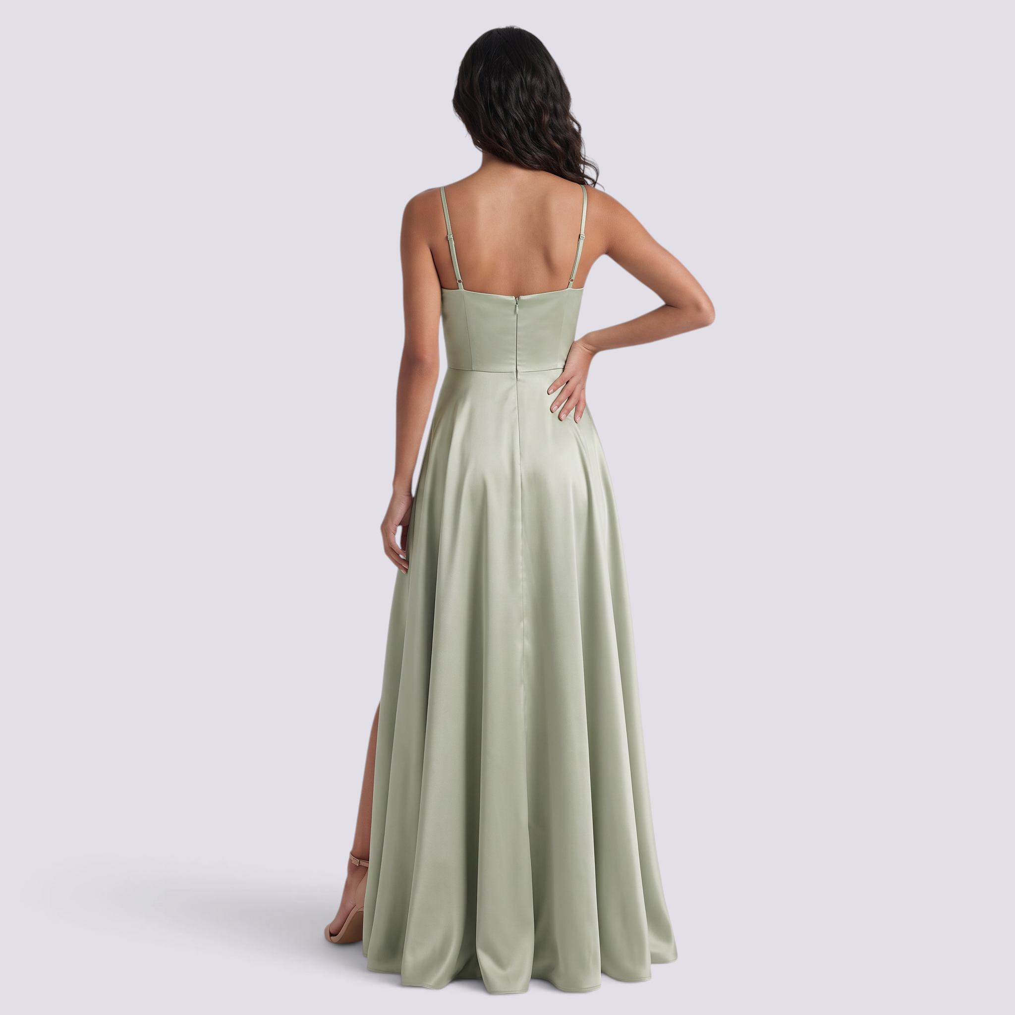 Essyro sage green satin floor-length evening gown with thin straps and a back view on a model