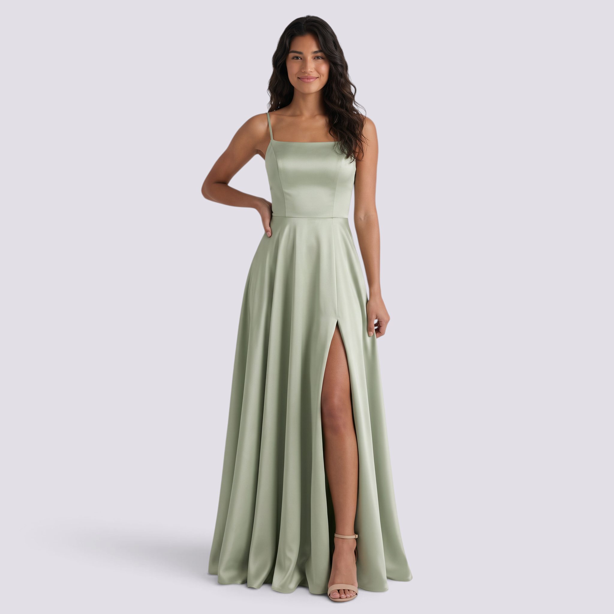 Essyro sage green satin floor-length party dress with thin straps, straight neckline, and a high front leg slit.