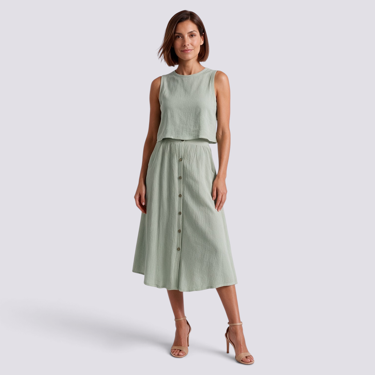 Model wearing an Essyro sage green two-piece set with a cropped sleeveless top and button-front midi A-line skirt.