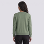 Essyro sage green wool cardigan with round neck and ribbed hem, back view on a model wearing black trousers.