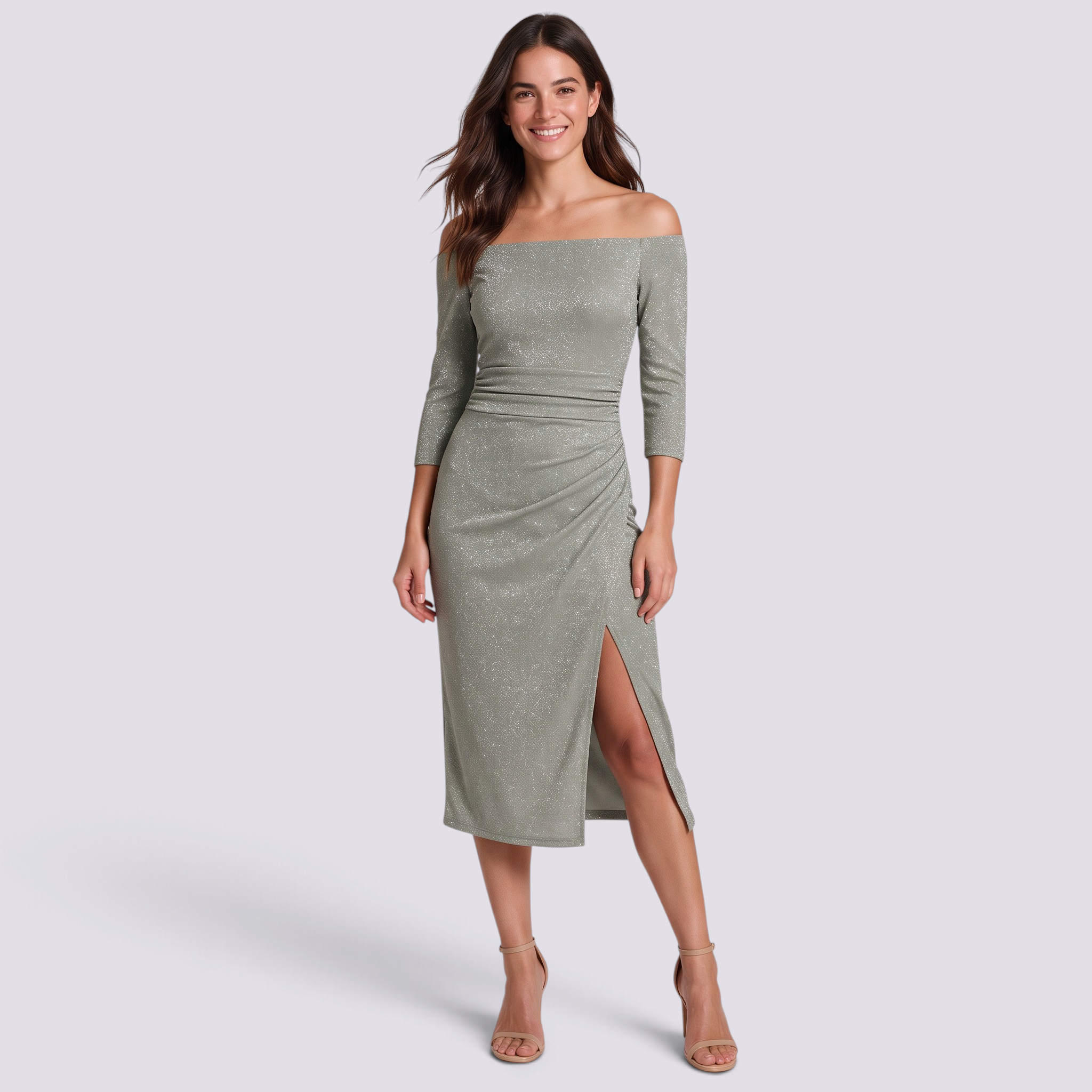 Essyro midi dress with Bardot neckline, shimmering finish, ruched waist, and thigh-high slit worn by a smiling model.
