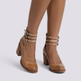 Essyro tan snake-effect leather block heel shoes with triple ankle buckle straps and a rounded toe