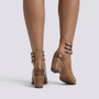 Essyro tan snake-effect leather heels with triple buckle ankle straps and a comfortable mid-height block heel.