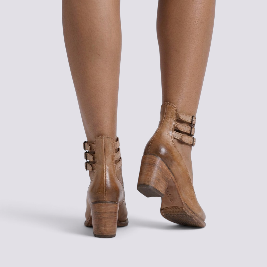 Essyro tan snake-effect leather heels with triple buckle ankle straps and a comfortable mid-height block heel.