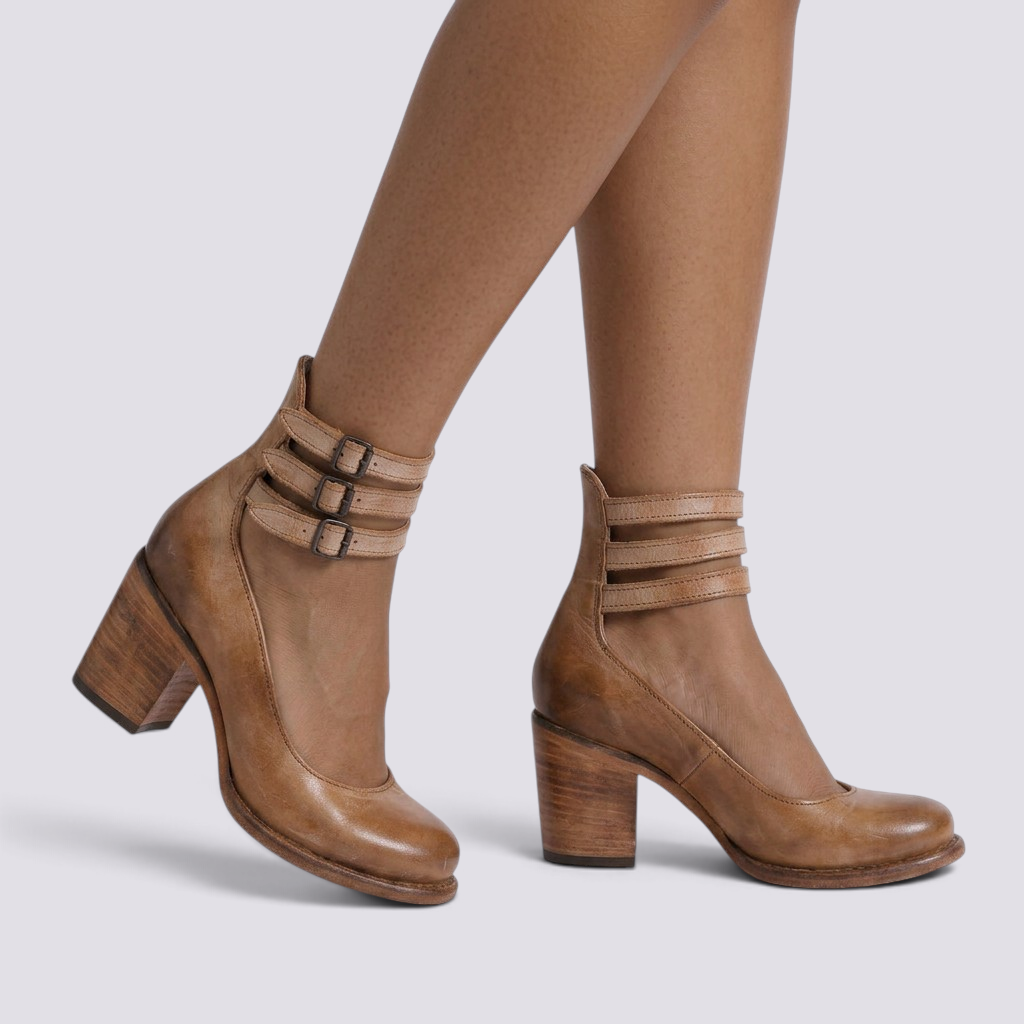 Essyro tan snakeskin effect leather heels with round toe, triple ankle buckles, and a sturdy mid-height block heel.