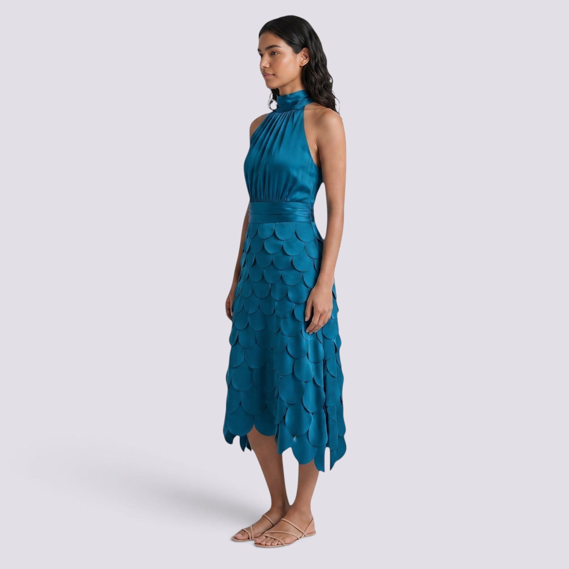Essyro teal satin midi dress with halter neck and geometric disc skirt worn by a model in a side profile view
