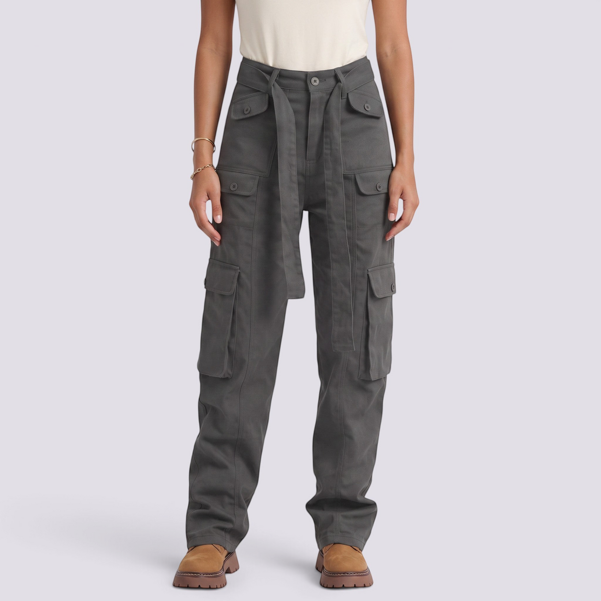 Essyro mid-rise straight leg cargo jeans in washed charcoal grey with functional utility pockets and a tie waist