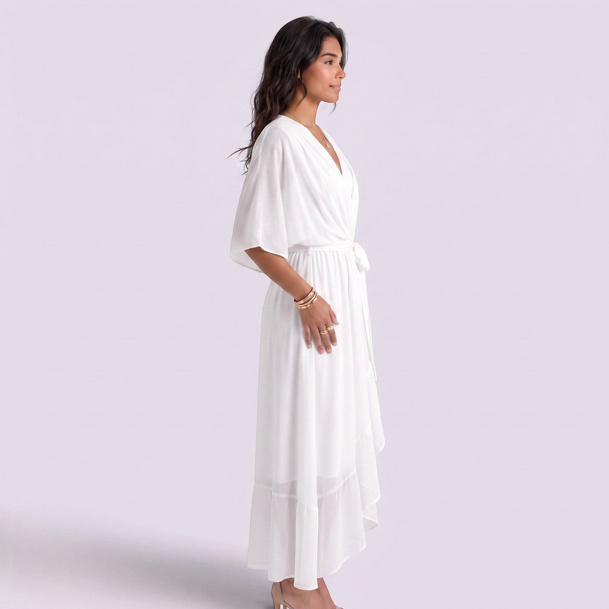 Essyro white maxi dress with V-neck, batwing sleeves, and a tie waist, worn by a model against a neutral background.