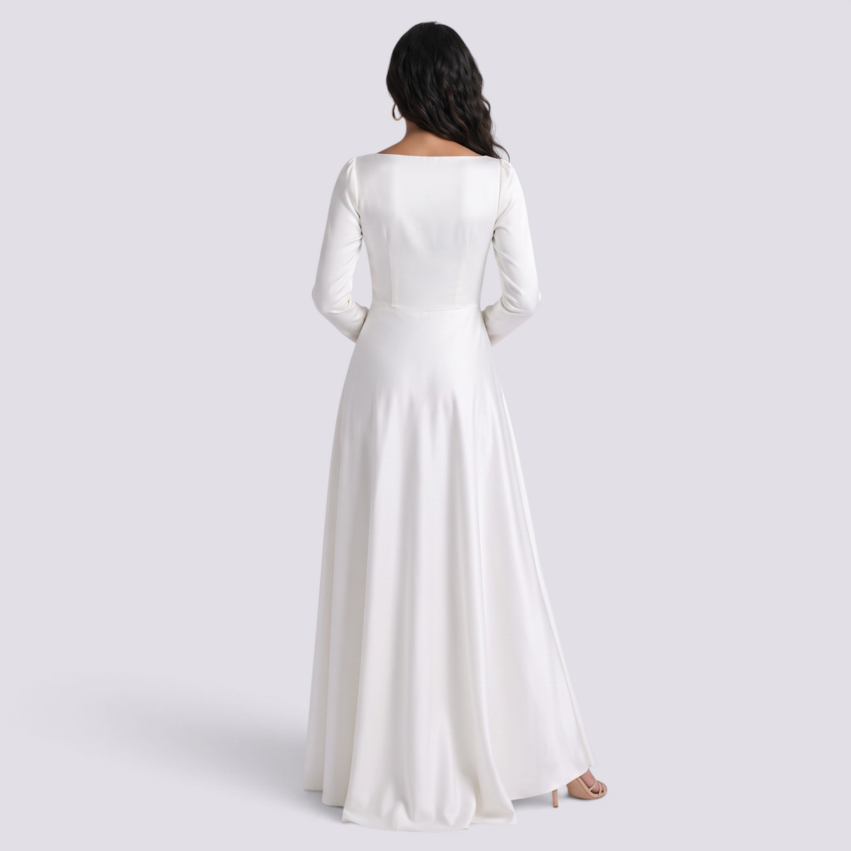 Essyro white long-sleeve wedding dress with a square neckline, A-line skirt, and sweep train, back view.