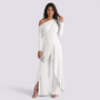Essyro white one-shoulder jumpsuit with draped long sleeve and wide-leg trousers featuring a front slit