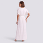 Essyro plus size elegant white floor-length maxi dress with short sleeves and waist tie viewed from the back