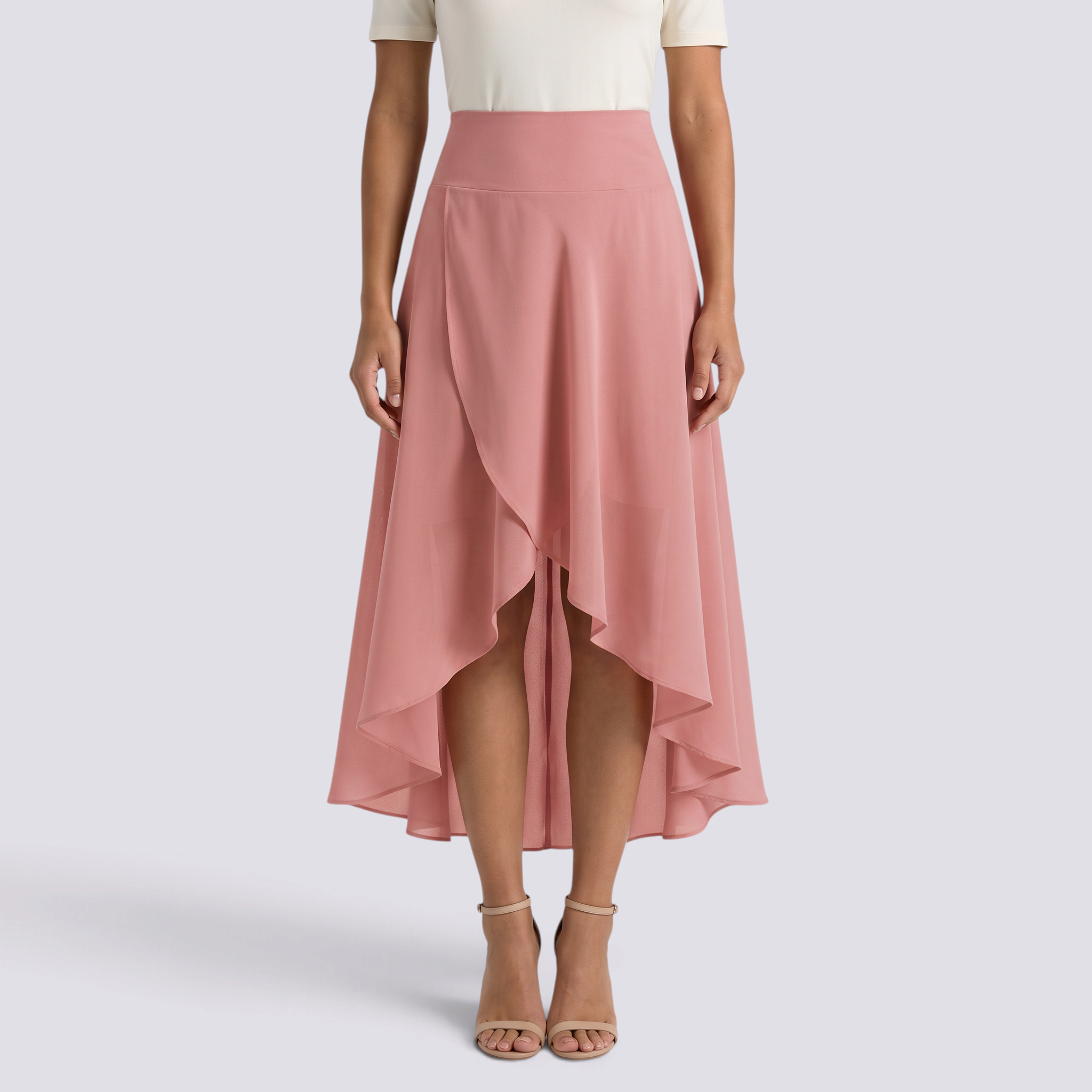 Falda larga cruzada asimétrica mujer en rosa, vista frontal