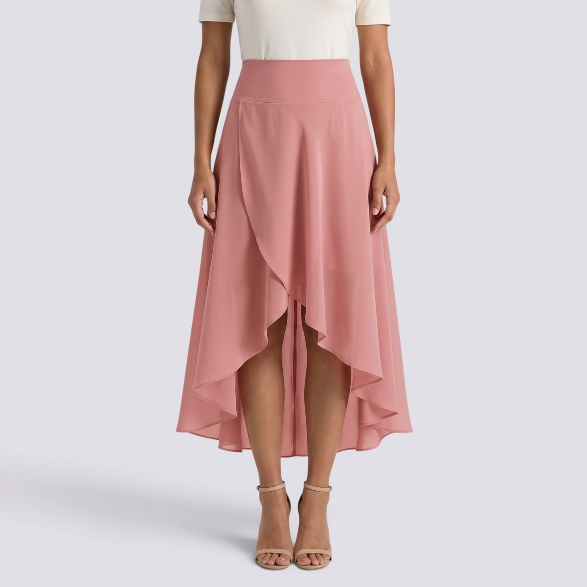 Falda larga cruzada asimétrica mujer en rosa, vista frontal